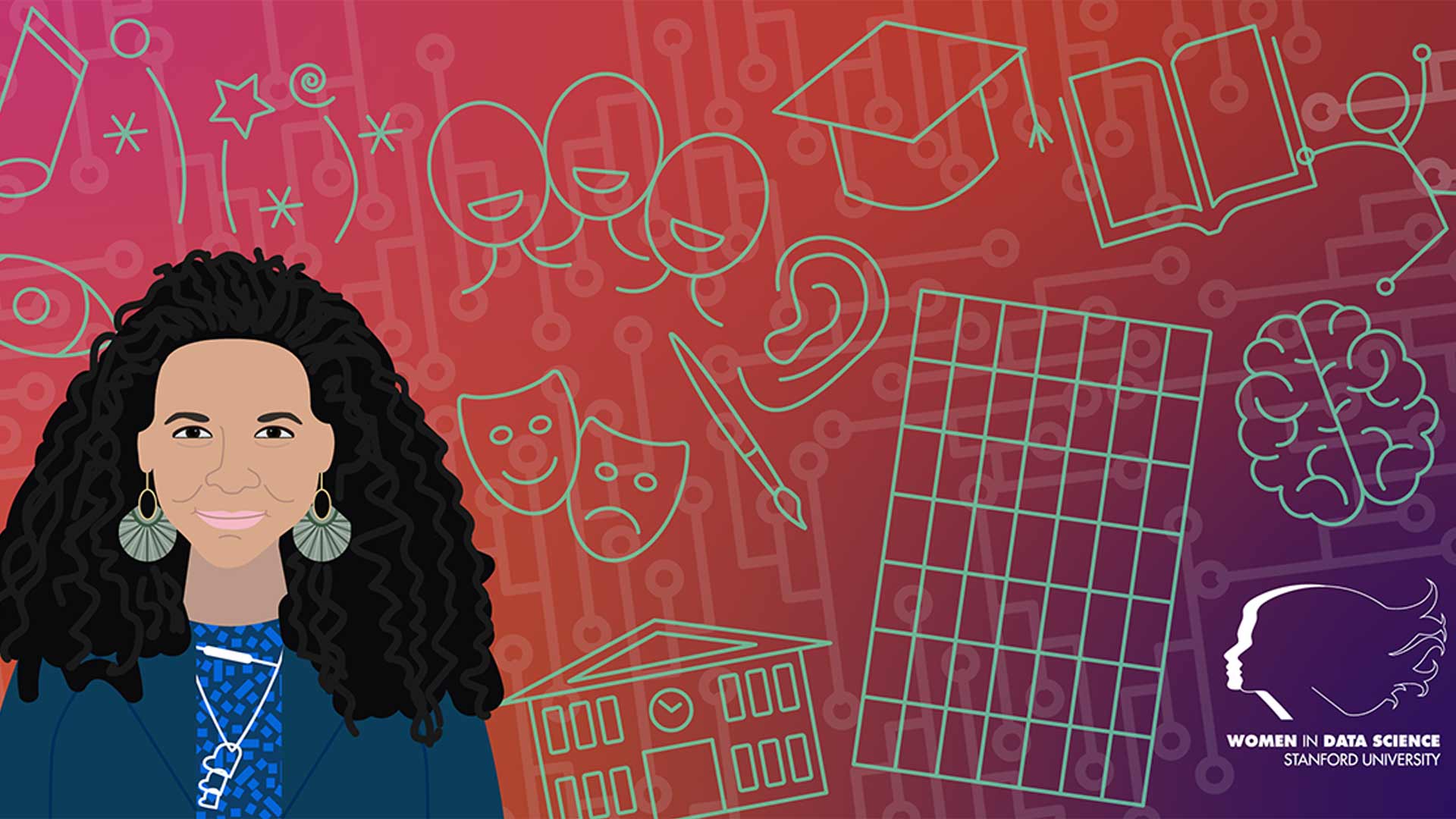 Illustration of Karina Edmonds with WiDS branded illustrations in the background.